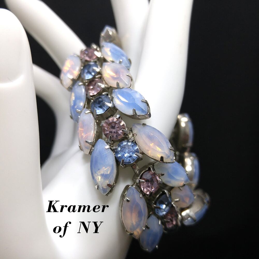 Vintage Kramer of NY Pastel Rhinestone Bracelet, Pink Blue Faux Opal, 1960s